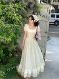 KYLETHOMASW  -  Lace Ruffles Long Dresses Solid Square Neck Spring Summer Princess Dress Women A-line Vintage Sweet Vestidos Mujer