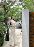 KYLETHOMASW  -  Elegant Summer Long Dress New Lace Fish Tail Goddess Style Holiday Floral Print Slimming Women's Fashion Ankle-length Sleeveless