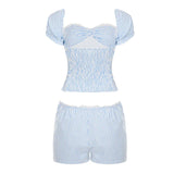 KYLETHOMASW  -  French Casual Suit Women's Summer Blue Striped Off Shoulder Top Low Waist Shorts Two-piece Set Fashion Female Clothes