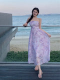 KYLETHOMASW  -  Women Summer Floral Print Sexy Off Shoulder Backless Elegant Party Dresses High Waist Lace-up Sleeveless Slim Beach Maxi Dress