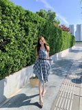 KYLETHOMASW  -  Korean Blue Plaid Camisole Dress Women's Summer Original Design Slim Paneled Irregular Dress Casual High-street Fashion Clothes