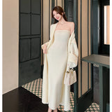 KYLETHOMASW  -  Women's Dresses Sets Solid V-Neck Long Cardigan+Waist Retraction Strapless Dress Sexy Elegant Knitted Two-Pieces Lady's Clothing