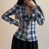 KYLETHOMASW  -  Shirts Women Single Breasted Vintage Ruffles Patchwork V Neck Long Sleeve Y2k Harajuku Tops Plaid Fashion Ladies