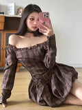 KYLETHOMASW  -  Sexy Coffee Plaid Mini Dress for Women Off Shoulder Long Sleeve Belt Flower Bud Dress Autumn Fashion Elegant Lady Skirts