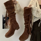 KYLETHOMASW  -  Brown Suede Boots Woman Round Toe Fall Winter Gothic Shoes Fashion Chunky Heels Knee High Boots Western Style Ladies Shoes