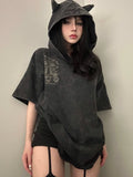 Kylethomasw Black Hooded Women T-shirts Hip Hop Streetwear Harajuku Female Graphic Tees Goth Short Sleeve Tops High Street Clothing