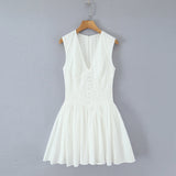 KYLETHOMASW  -  French Indie Folk Elegant White Lace Embroidery Lace V-neck Cotton Sleeveless Dress For Women White Tank Dress