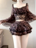KYLETHOMASW  -  French Elegant Floral Lace 2 Piece Set Women Layered Ruffle Crop Top High Waist Mini Skirt Slim Fit Party Date Night Outfit