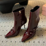 KYLETHOMASW  -  Fashion Patent Leather Belt Buckle Women Ankle Boots Elegant High heels Autumn Winter Chelsea Office Lady Short Booties Shoes