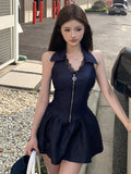 KYLETHOMASW  -  Y2K Dark Blue Denim Mini Dress Summer Women Sexy Halter Backless Corset Flared Short Vestidos Dating Party Clubwear Daily Casual