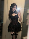 KYLETHOMASW  -  Summer New Sexy  Lace 2 Piece Set Vintage Design Halter Neck Y2k Tops + Puff Mini Skirt Female Elegant French Chic Retro Outfits