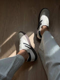 KYLETHOMASW  -  Women Genuine Leather Sneakers Round Toe Flats Mixed Colors Sewing Ladies Fashion Lace-up Shoes Spring Autumn Grey White new