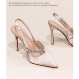 KYLETHOMASW  -  Silk Luxury Sexy Pointed Toe High Heels Womens Elegant Rhinestone Party Dress Ladies Brand Pumps Mules Sandals Zapatos De Mujer