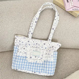 KYLETHOMASW  -  Kawaii Floral Bear Quilted Tote Bag Plaid Splicing Lace Decor Shoulder Bag Cartoon Large Capacity Women Casual School Handbag