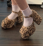 KYLETHOMASW  -  Leopard Print Chunky Block Heel Faux Fur Platform Heels Round Toe Ankle Strap Detail Playful Edgy Cute Footwear for Party Looks