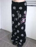 KYLETHOMASW  -  Polka Dot Drawstring Wide Leg Trousers Harajuku Letter Printing Straight Pants Y2k Aesthetic Vintage Casual Pantalones Women