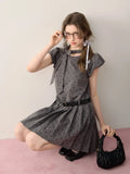 KYLETHOMASW  -  Kawaii Grey Dot Pleat Mini Dress for Women Bow Lace Up Puff Sleeve Birthday Dress Vintage Fashion Cute Girl Summer Dress