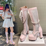 KYLETHOMASW  -  Breathable Mesh Stitched Glossy Patent Leather Motorcycle Boots Square Toe Platform Cross Lace Chain Pearl String Women's Boots