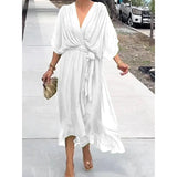 KYLETHOMASW  -  Solid Color Sash Long Dress Bat Sleeve Irregular Hemline Maxi Dress Plus Size