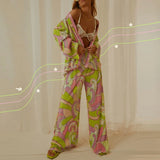 KYLETHOMASW  -  Y2K Graphic Print Long Sleeve Shirt Blouse + Wide Leg Pants Chic Women Two Piece Set Vintage Streetwear Boho Holiday Outfits