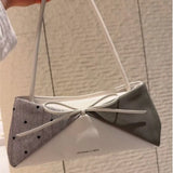 KYLETHOMASW  -  Korean Sweet Bow Grey Handbag Women Stripe Patchwork Large Capacity Shoulder Bag Ladies Elegant Gentle High End Underarm Bag New