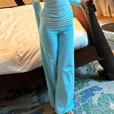 KYLETHOMASW  -  Y2K Fold Over Wide Leg Pants Preppy Women Striped Patchwork Low Waist Trousers Female Casual Lounge Yoga Sweatpants