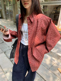 KYLETHOMASW  -   Ankela Red Jackets Women Leopard Loose New Streetwear Autumn Chic Vintage All Match Coats Denim Wide Leg Jeans