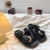 KYLETHOMASW  -  Black Soft Leather PU Flat Sandals Women Fashion Metal Buckle Slide Slippers Summer Light Non-Slip Beach Shoe Sandalias De Mujer