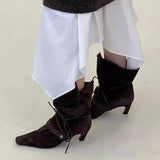 KYLETHOMASW  -  Autumn Winter Faux Suede Weave Lace-up Women Motorcycle Boots Fashion High heels Chelsea Western Mid-Calf Short Booties Shoes