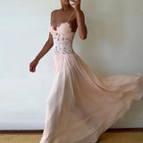 KYLETHOMASW  -  Elegant Pure Color Chiffon Dress Sexy Lace Spliced Mesh Pleated Evening Dress Fashion Hollow Out Sleeveless Halter Banquet Dress