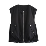 KYLETHOMASW  -  Autumn Women O Neck Front Zipper Loose Casual Vest Vintage Solid Sleeveless Outerwear