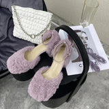 KYLETHOMASW  -  New Brand Women Sandal Fashion Furry Ladies Elegant Square Low Heel Dress Pumps Shoes Outdoor Slingback Shoes