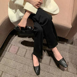 KYLETHOMASW  -  Black Ballet Flats Shoes Women Square Toe Crumple‌ Leather Elegant Ladies Shoes Shallow Slip on Spring Autumn Loafers