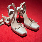 KYLETHOMASW  -  New Pig Nose Ballet High Heels for Women, Thin Heels, Shallow Mouth, Square Head, Bow Bow, and Baotou Sandals