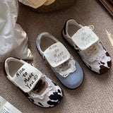 KYLETHOMASW  -  Girls Embroidery Flip Tongue Lace Trainers Breathable Mesh Soft Anti-slip Sole Niche Cow Print All-match Casual Skate Shoes