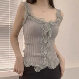 KYLETHOMASW  -  Korean Lace Patchwork Knitted Vest Women Summer New Style Niche Age Reducing Outerwear Short Ice Silk Camisole Top