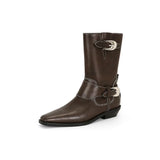 KYLETHOMASW  -  Women Boots Autumn Winter Plush Warm Mid Calf Boots Chelsea Ladies Shoes Fashion Square Toe Metal Buckle Women's Short Boots