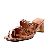 Kylethomasw Antique Brown Patent Leather Double Buckle Strap Slides Designer Square Open Toe Low Block Heel Sandals Flip Flops Women Shoes