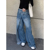 Kylethomasw Korean Retro Washed Splicing Casual All Match Jeans Women Spring New High Waist Loose Distressed Denim Wide Leg Pants