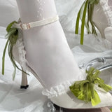 KYLETHOMASW  -  Japanese Kawaii Lolita Stiletto Heels Women Sweet Handmade Green Bow Pointed Tip Mary Jane Shoes Vintage Elegant Wedding Party
