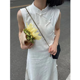 KYLETHOMASW  -  Summer Stand Collar Sleeveless Dresses Women Elegant French Daily Frog Buttons A-line Midi Dress Slim Chic Chinese Vestidos 962A