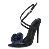 KYLETHOMASW  -  Denim Blue Flower Open Toe Stiletto Sandals Woman Summer Cross Ankle Strap Slingback High Heels Shoes for Party Wedding