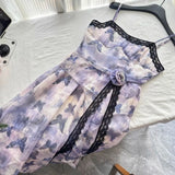 KYLETHOMASW  -  Sweet Butterfly Printed Irregular Rose Waist Slimming Strap Camisole Dress Summer Retro A-line Long Dress for Women