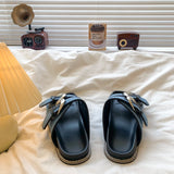 KYLETHOMASW  -  Black Soft Leather PU Flat Sandals Women Fashion Metal Buckle Slide Slippers Summer Light Non-Slip Beach Shoe Sandalias De Mujer