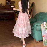KYLETHOMASW  -  French tulip flower sweet temperament floral square neck long dress summer large size high waist thin gentle style dress