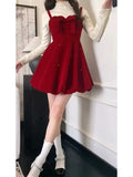 KYLETHOMASW  -  French Elegant Christmas Red Velvet Short Strap Dress Women Autumn New Bow A-line Dot Bubble Dress Female Clothes