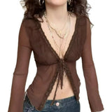 KYLETHOMASW  -  Retro V-neck lace border cardigan hot and spicy light cooked style thin cut see through long sleeved sunscreen jacket
