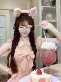 KYLETHOMASW  -  Japanese Sweet Cute Large Bow Pink Striped Dress Women Lapel Flutter Sleeve Heart-shaped Button Single Breasted Dress New