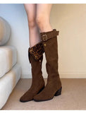 KYLETHOMASW  -  Women Leopard Knee High Boots Sexy High Heels Shoes Winter Warm Long Boots New Suede Pumps Chunky Chelsea Boots Snow Botas
