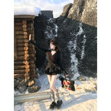 KYLETHOMASW  -  Sweet Hot Girl Pure Sexy Suit Women's Autumn V-neck Knitted Top High Waist A-line Skirt Two-piece Set Fashion Female Clothes